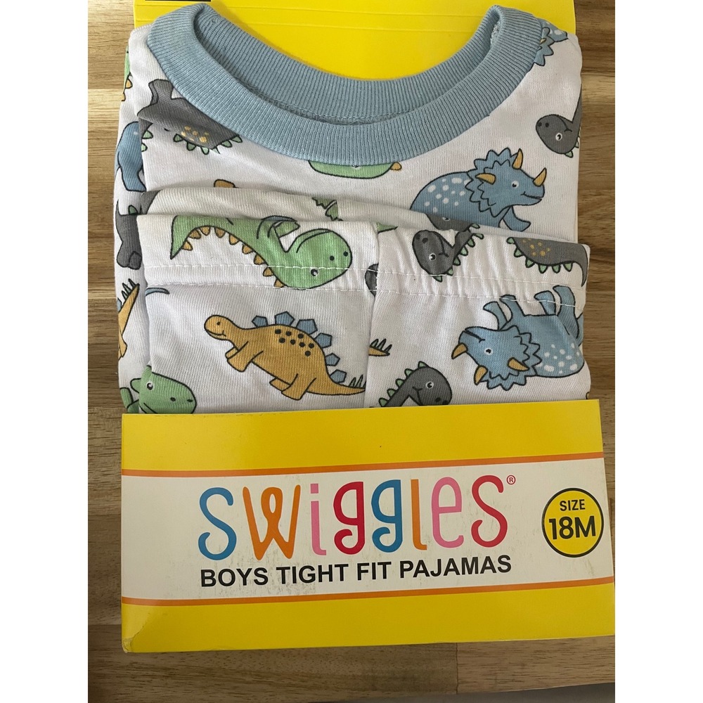 Swiggles‎ Boys Dinosaur Tight Fit Pajamas 18M 100% Cotton 2pc Set Blue White New